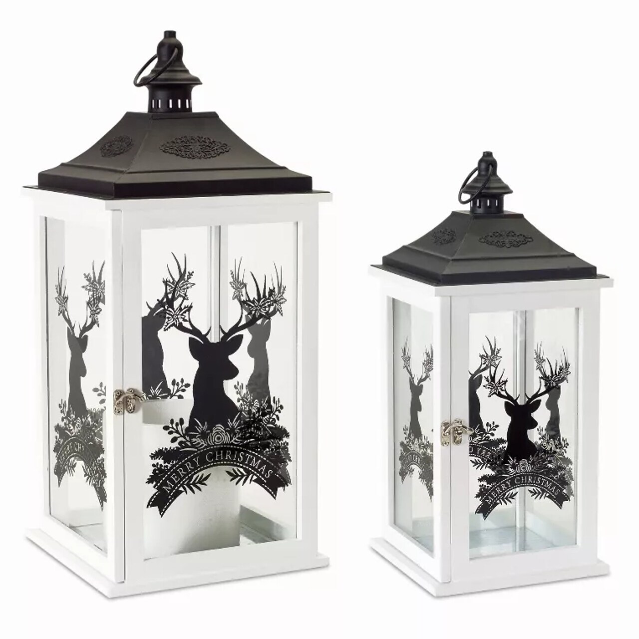 Edge Collections - White - Festive Christmas Lanterns with Deer Design - 2 Pieces